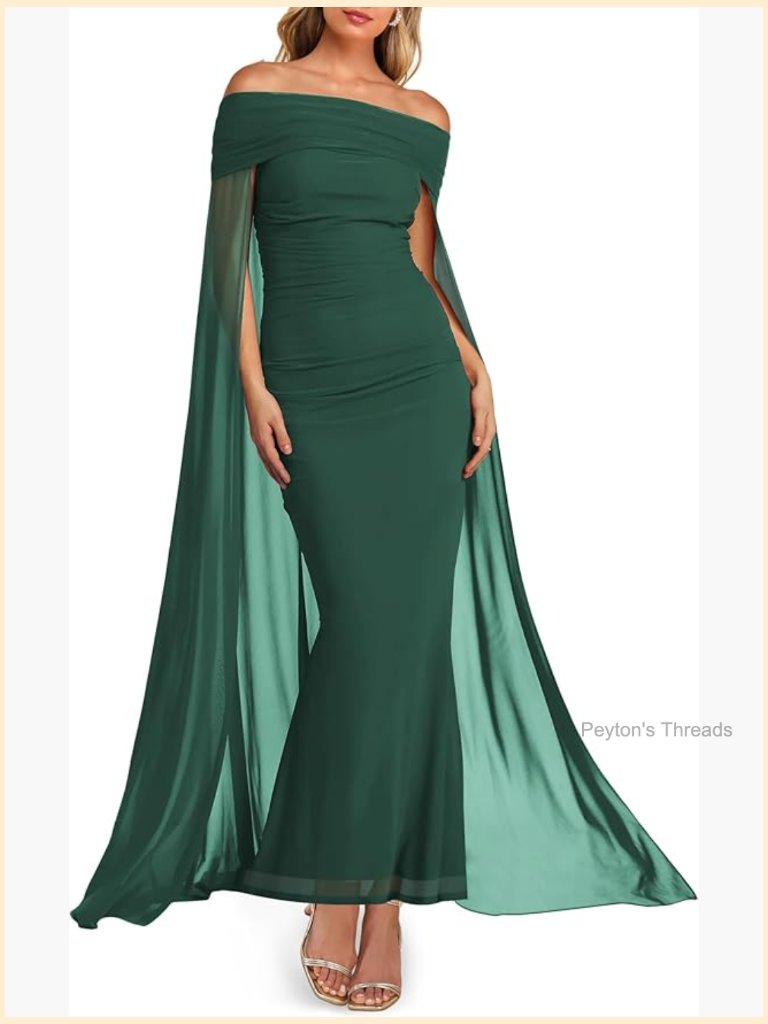 Off Shoulder Formal Maxi Dress With Cape Overlay Floor Length Bodycon